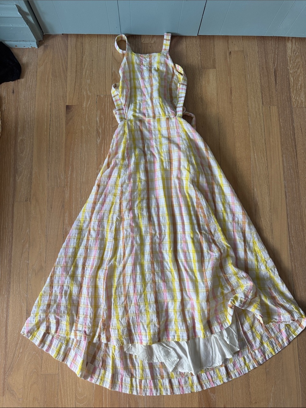 Yellow & Pink Plaid Maxi Dress with Halter Tie Back - Picture 4 of 7